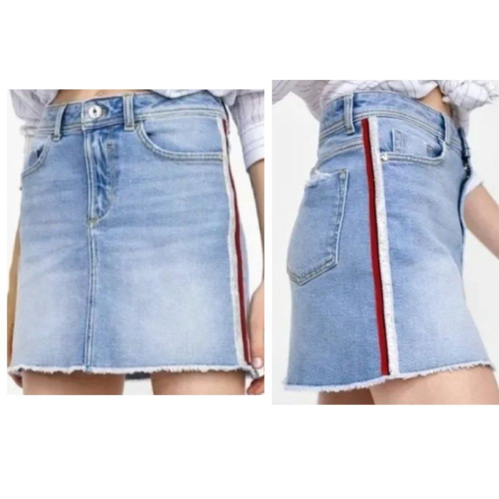 Zara Z1975 Denim Mini Skirt Silver and Red Side Stripe Frayed Raw Hem